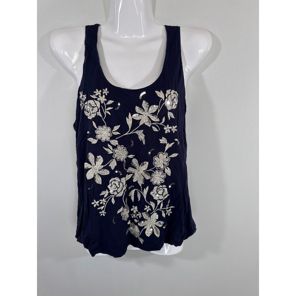INC International Concepts Navy Blue Floral Embroidered Sequin T-Back Tank Top S